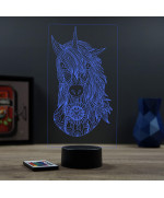 Lampe illusion 3D en verre acrylique gravée au laser représentant une licorne de face.