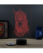 Lampe illusion 3D en verre acrylique gravée au laser représentant une licorne de face.