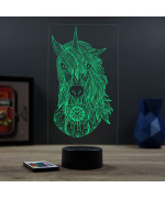 Lampe illusion 3D en verre acrylique gravée au laser représentant une licorne de face.