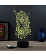 Lampe illusion 3D en verre acrylique gravée au laser représentant une licorne de face.
