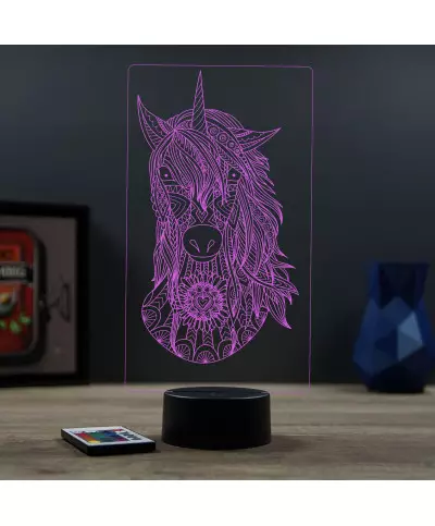 Lampe illusion 3D en verre acrylique gravée au laser représentant une licorne de face.