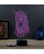 Lampe illusion 3D en verre acrylique gravée au laser représentant une licorne de face.