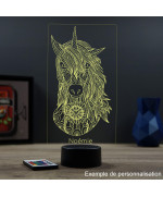 Lampe illusion 3D en verre acrylique gravée au laser représentant une licorne de face.