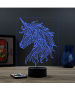 Lampe illusion 3D en verre acrylique gravée au laser représentant une licorne de profil.