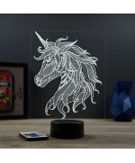 Lampe illusion 3D en verre acrylique gravée au laser représentant une licorne de profil.