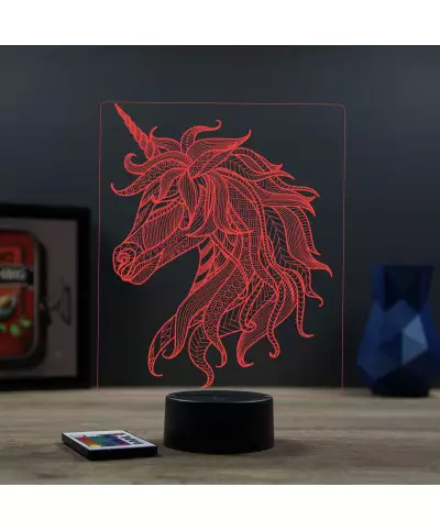 Lampe illusion 3D en verre acrylique gravée au laser représentant une licorne de profil.