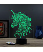 Lampe illusion 3D en verre acrylique gravée au laser représentant une licorne de profil.