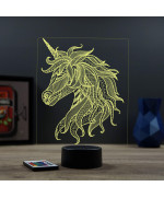 Lampe illusion 3D en verre acrylique gravée au laser représentant une licorne de profil.