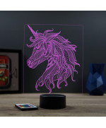 Lampe illusion 3D en verre acrylique gravée au laser représentant une licorne de profil.