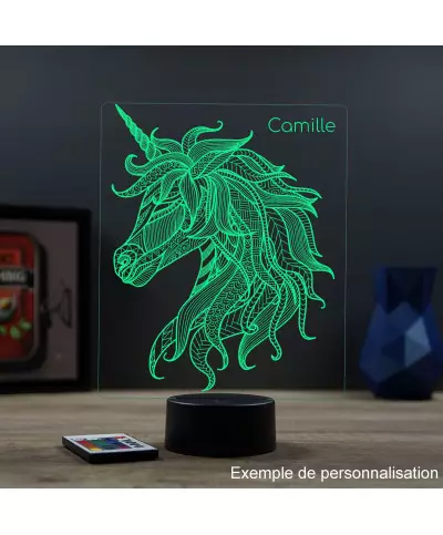 Lampe illusion 3D en verre acrylique gravée au laser représentant une licorne de profil.