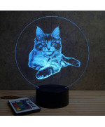 Lampe illusion 3D en verre acrylique gravée au laser représentant un Chat Maine Conn Allongé