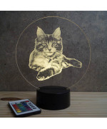 Lampe illusion 3D en verre acrylique gravée au laser représentant un Chat Maine Conn Allongé