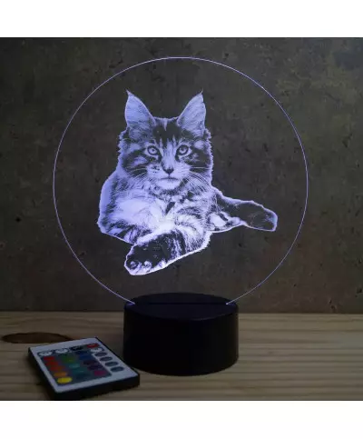 Lampe illusion 3D en verre acrylique gravée au laser représentant un Chat Maine Conn Allongé