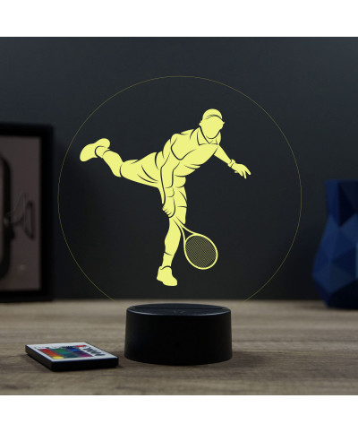 Lampe illusion 3D en verre acrylique gravée au laser représentant un joueur de tennis à l'intérieur d'une balle de tennis.