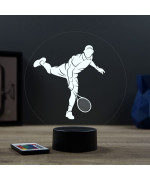 Lampe illusion 3D en verre acrylique gravée au laser représentant un joueur de tennis à l'intérieur d'une balle de tennis.
