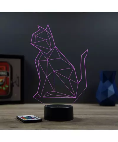Lampe illusion 3D en verre acrylique gravée au laser représentant un Chat Origami.