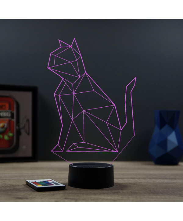 Lampe illusion 3D en verre acrylique gravée au laser représentant un Chat Origami.