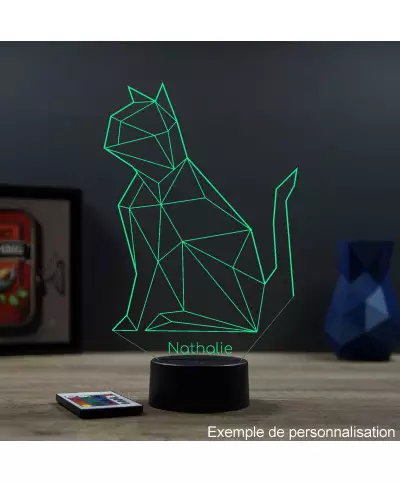 Lampe illusion 3D en verre acrylique gravée au laser représentant un Chat Origami.