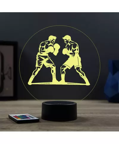 Lampe illusion 3D en verre acrylique gravée au laser représentant deux boxeurs .