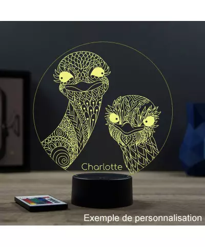 Lampe illusion 3D en verre acrylique gravée au laser représentant 2 autruches.