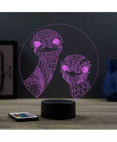 Lampe illusion 3D en verre acrylique gravée au laser représentant 2 autruches.