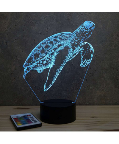 Lampe illusion 3D en verre acrylique gravée au laser représentant une tortue marine qui nage.