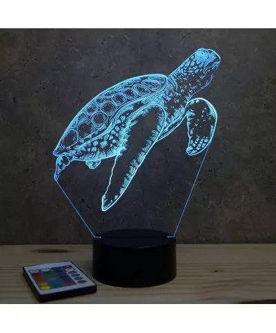 Lampe illusion 3D en verre acrylique gravée au laser représentant une tortue marine qui nage.