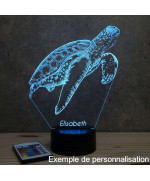 Lampe illusion 3D en verre acrylique gravée au laser représentant une tortue marine qui nage.