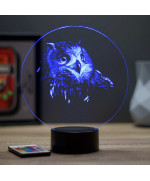 Lampe illusion 3D en verre acrylique gravée au laser représentant une tête de Hibou.