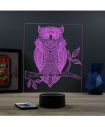 Lampe illusion 3D en verre acrylique gravée au laser représentant un Hibou.