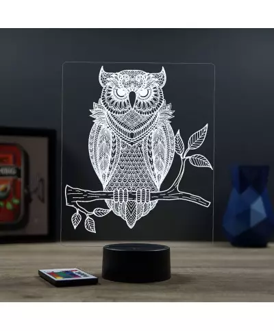 Lampe illusion 3D en verre acrylique gravée au laser représentant un Hibou.
