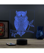 Lampe illusion 3D en verre acrylique gravée au laser représentant un Hibou.