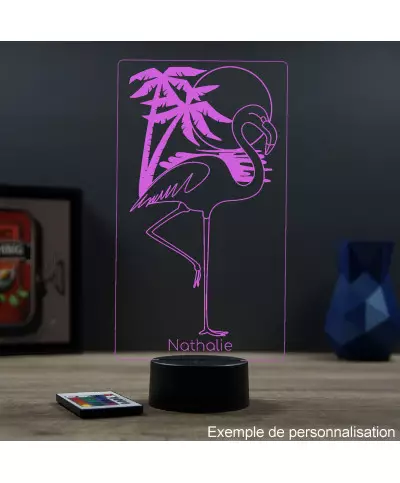 Lampe illusion 3D en verre acrylique gravée au laser représentant un Flamand Rose.