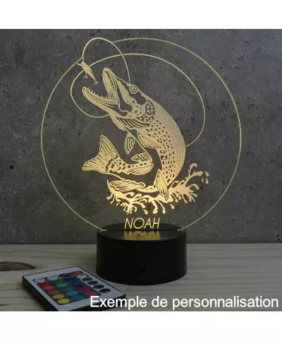 Lampe illusion 3D en verre acrylique gravée au laser représentant un brochet.
