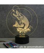 Lampe illusion 3D en verre acrylique gravée au laser représentant un brochet.