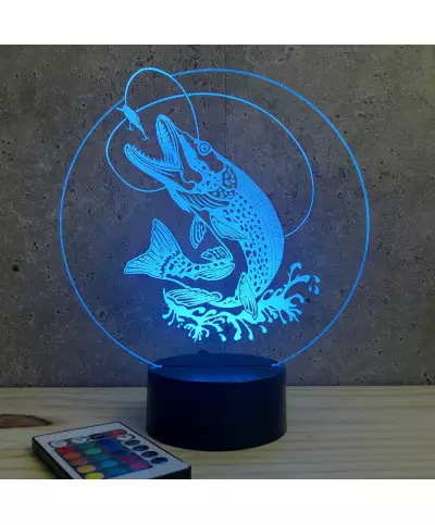 Lampe illusion 3D en verre acrylique gravée au laser représentant un brochet.