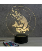 Lampe illusion 3D en verre acrylique gravée au laser représentant un brochet.