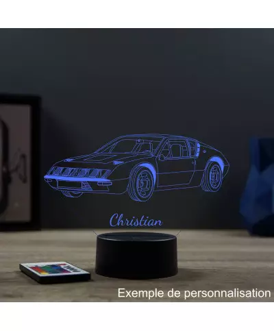 Lampe illusion 3D en verre acrylique gravée au laser représentant une voiture Alpine Renault A310 4 cylindres.