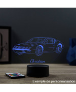 Lampe illusion 3D en verre acrylique gravée au laser représentant une voiture Alpine Renault A310 4 cylindres.