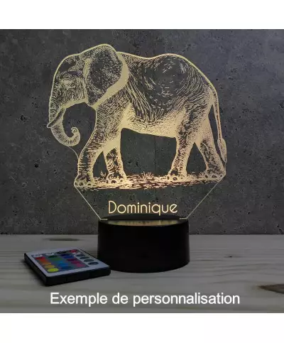 Lampe illusion 3D en verre acrylique gravée au laser représentant un Eléphant.
