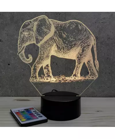 Lampe illusion 3D en verre acrylique gravée au laser représentant un Eléphant.