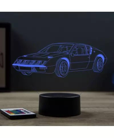 Lampe illusion 3D en verre acrylique gravée au laser représentant une voiture Alpine Renault A310 4 cylindres.