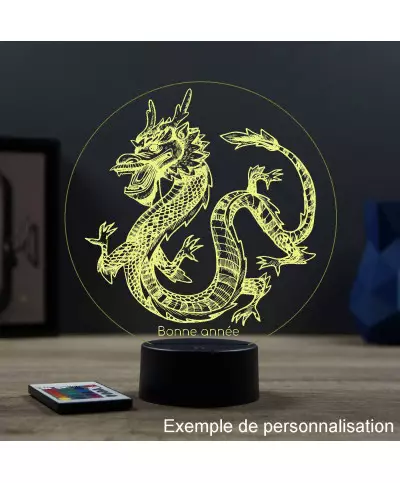 Lampe illusion 3D en verre acrylique gravée au laser représentant un dragon chinois.