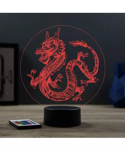 Lampe illusion 3D en verre acrylique gravée au laser représentant un dragon chinois.