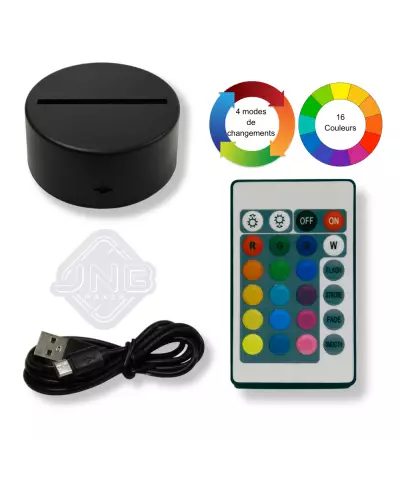 Ensemble des accessoires fournis avec la plaque gravée dont la base, la télécommande et le cordon USB de 1 mètre.