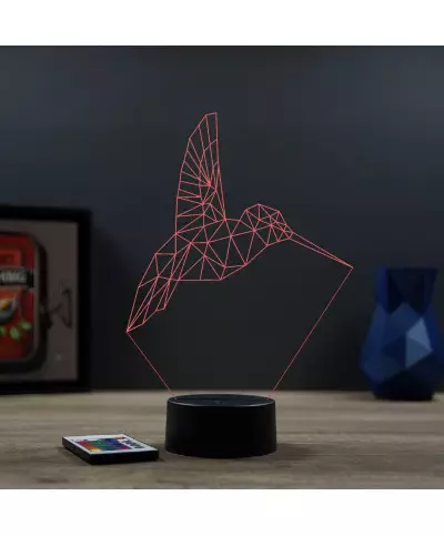 Lampe illusion 3D en verre acrylique gravée au laser représentant un Colibri Origami.