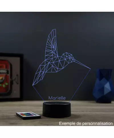 Lampe illusion 3D en verre acrylique gravée au laser représentant un Colibri Origami.
