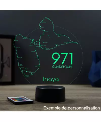 Lampe illusion 3D en verre acrylique gravée au laser représentant une carte de la Guadeloupe.