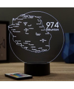 Lampe illusion 3D en verre acrylique gravée au laser représentant une carte de la Réunion.
