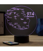 Lampe illusion 3D en verre acrylique gravée au laser représentant une carte de la Réunion.